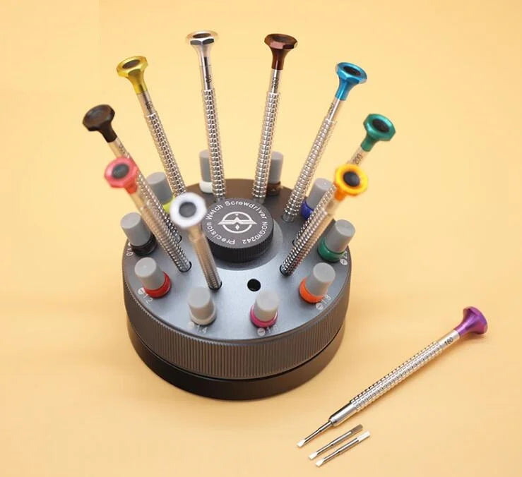 W5029 Knurled Handle Ball Bearing Watch Repair Screwdrivers with Rotatable Stand and 20pcs Extra Flat Blades 0.6mm to 3.0mm Size