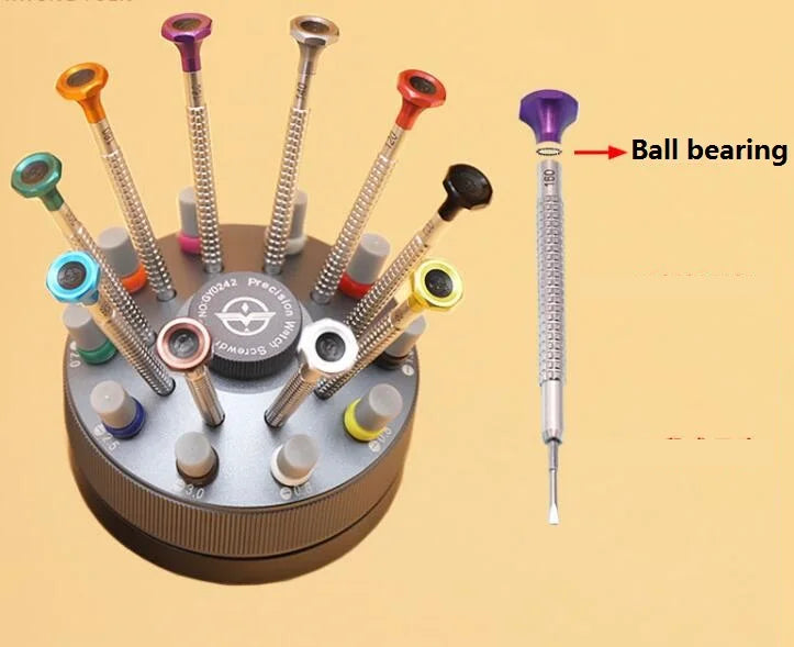 W5029 Knurled Handle Ball Bearing Watch Repair Screwdrivers with Rotatable Stand and 20pcs Extra Flat Blades 0.6mm to 3.0mm Size